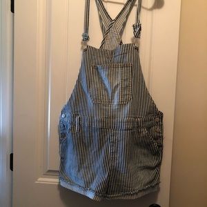 Blue and white striped shorts overalls